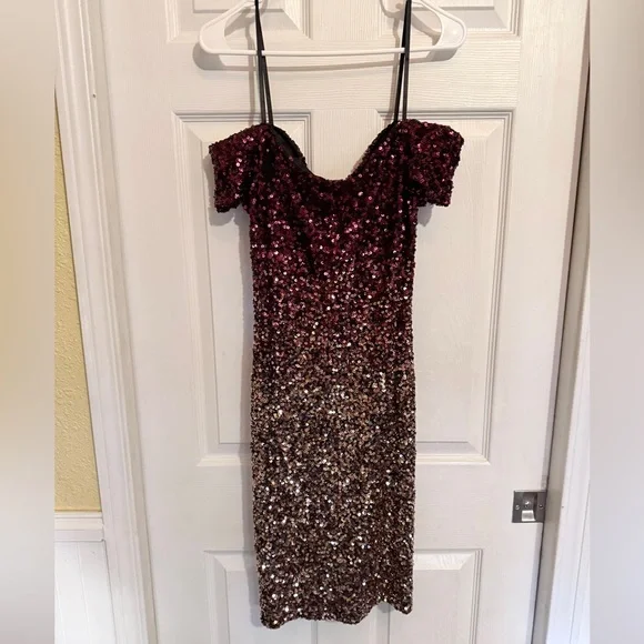 B. Smart Off Shoulder Burgundy and Gold Ombré Sequin Dress - Picture 2 of 8